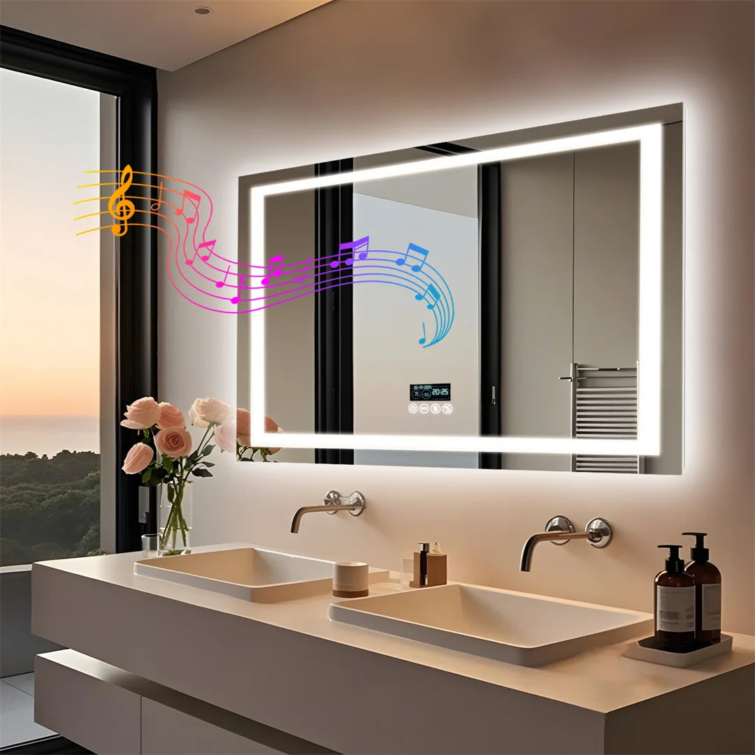 Rectangle Bluetooth Lighted Bathroom Mirror, Illuminated Smart Vanity Mirror with NdFeB Speaker and Time Temperature Display