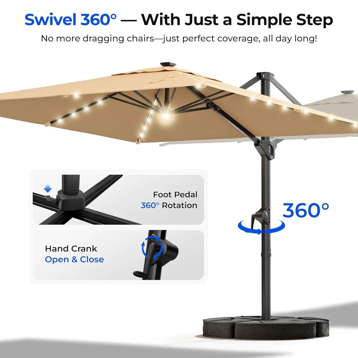 10 ft Square Cantilever Patio Umbrella with Base Included, Solar Lights Large Umbrella Outdoor Patio with, Customized