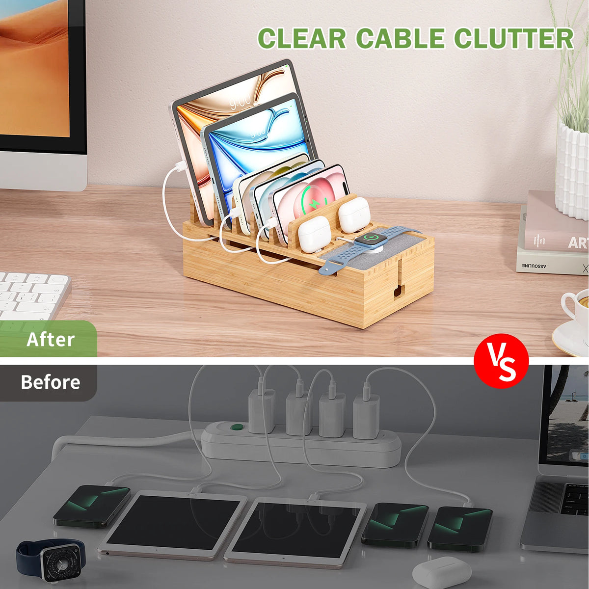 Bamboo Charging Station Organizer for Phones and Tablets