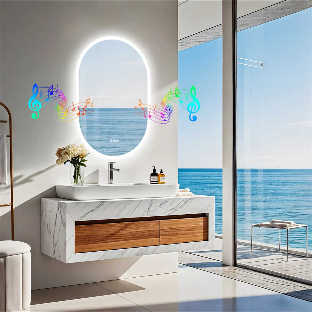 60x90cm Smart Frameless LED Mirror Bathroom, Wall Mounted with Bluetooth Speaker, 3 Color Dimmable Anti-Fog IP44 Waterproof Vanity Mirror for Home