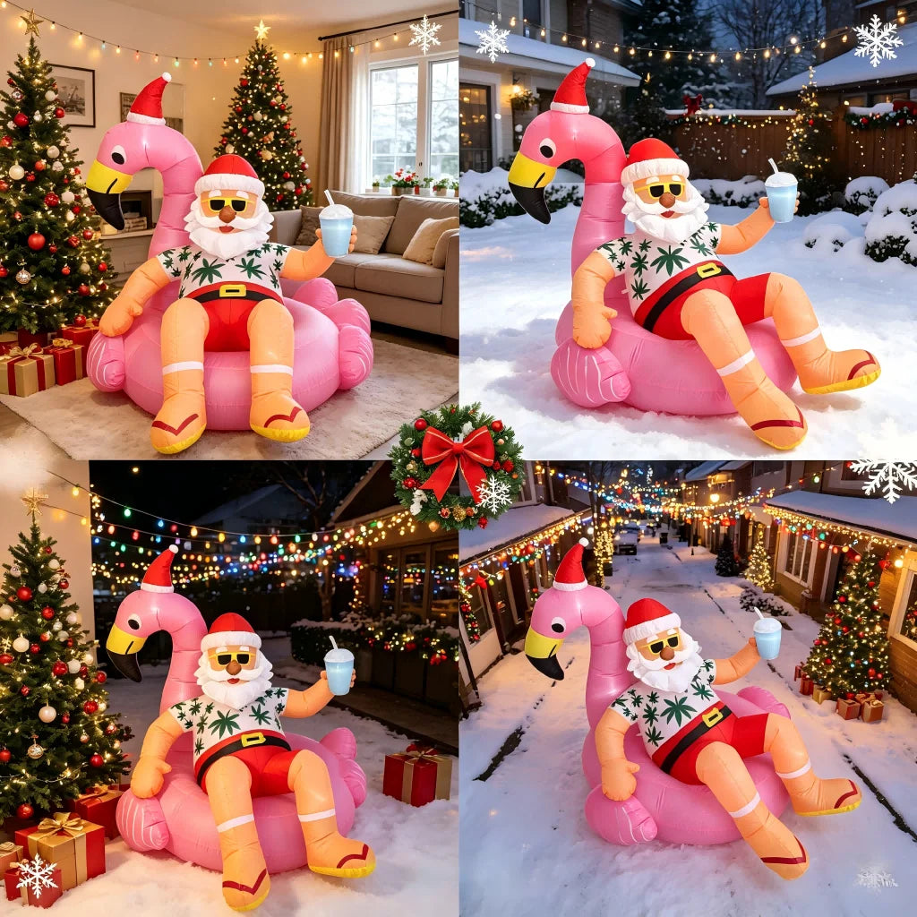 8.2FT Christmas Blow Ups Santa on Flamingo, Hawaiian Christmas with Built-in LED Lights,