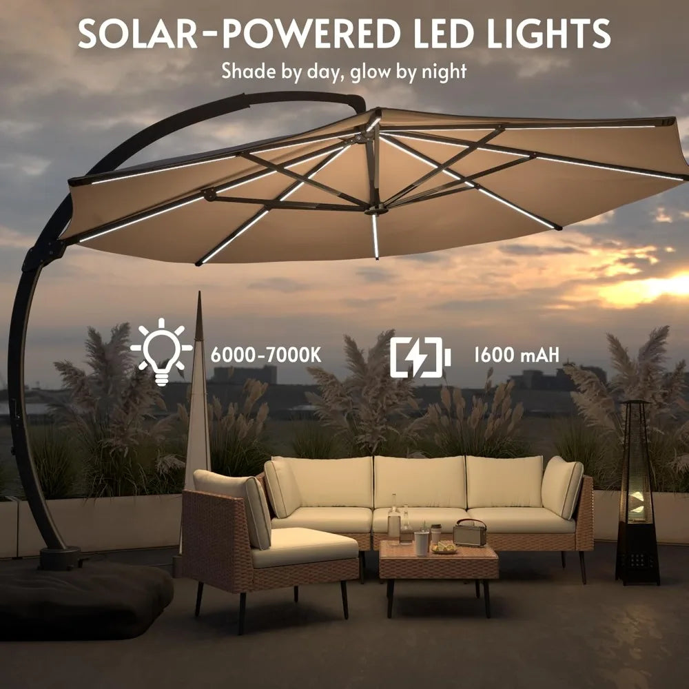 11FT Solar Powered LED Light Cantilever Patio Umbrella with Base Included, Large Cantilever Umbrella with, Customized