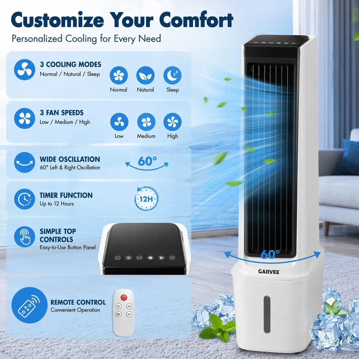 Portable Air Cooler Fan With Mist, Remote Control, 3 Speeds, 1600ml Tank, 2/4/8H Timer, Quiet Cooler For Bedroom Office Desk Use