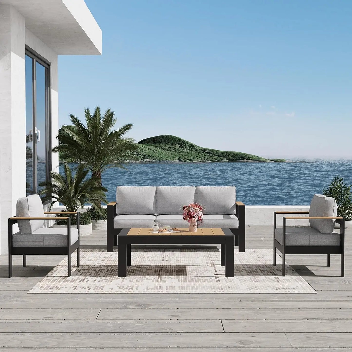 Aluminum Outdoor Patio Furniture Sets, 4 Piece Metal Patio Conversation Sets with Coffee Table with 5 Inch Cushion, Customized