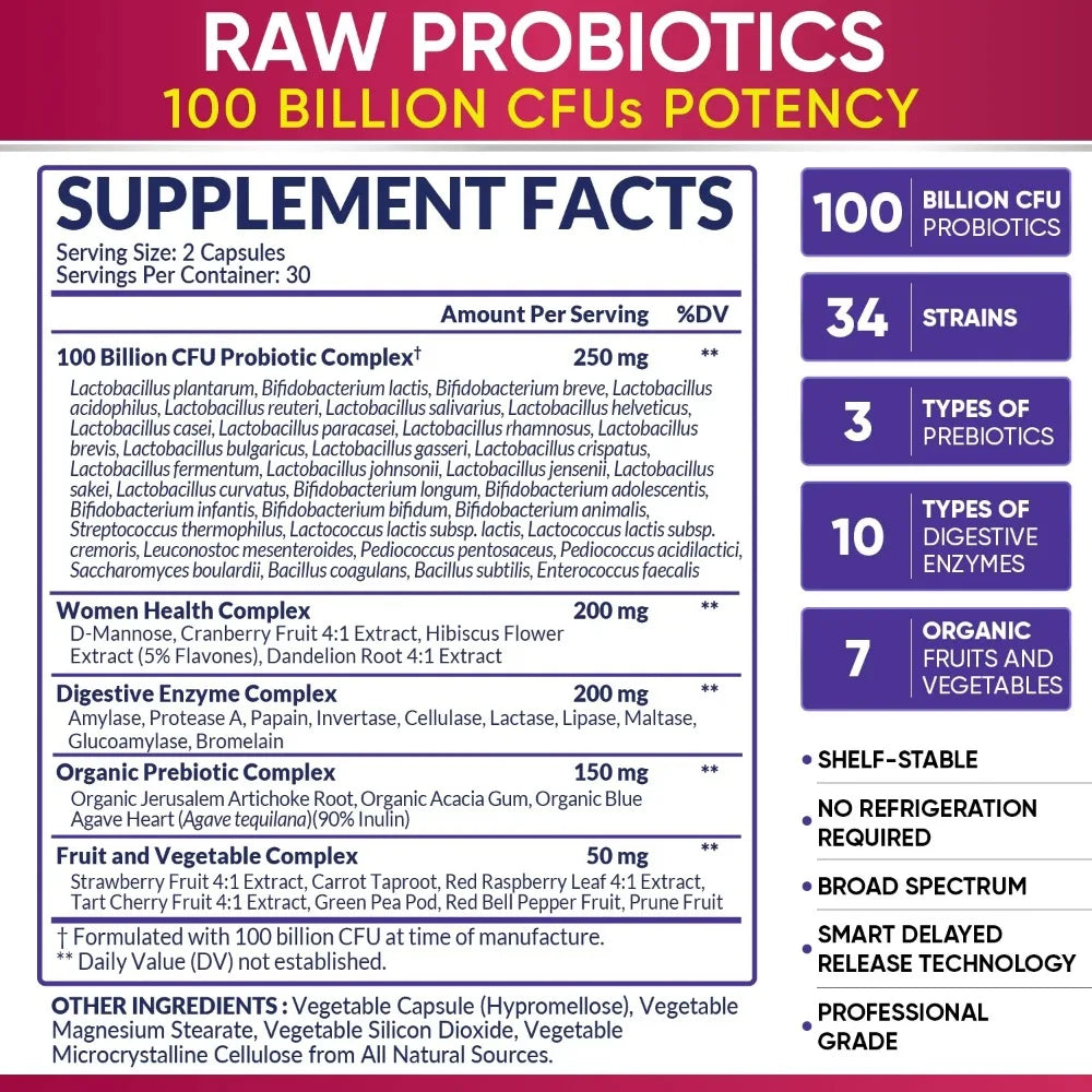 Probiotics for Women, 100 Billion CFU, with Prebiotics, Digestive Enzymes and Urinary Tract Protection