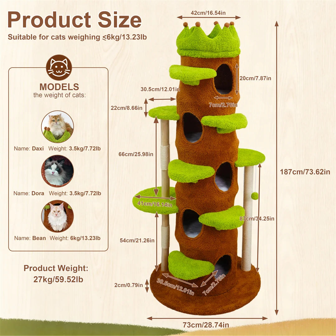 Modern 187cm Tall Green Indoor Cat Tower Center Multi-level Cat Climbing Actitivy Tower with Scratching Posts