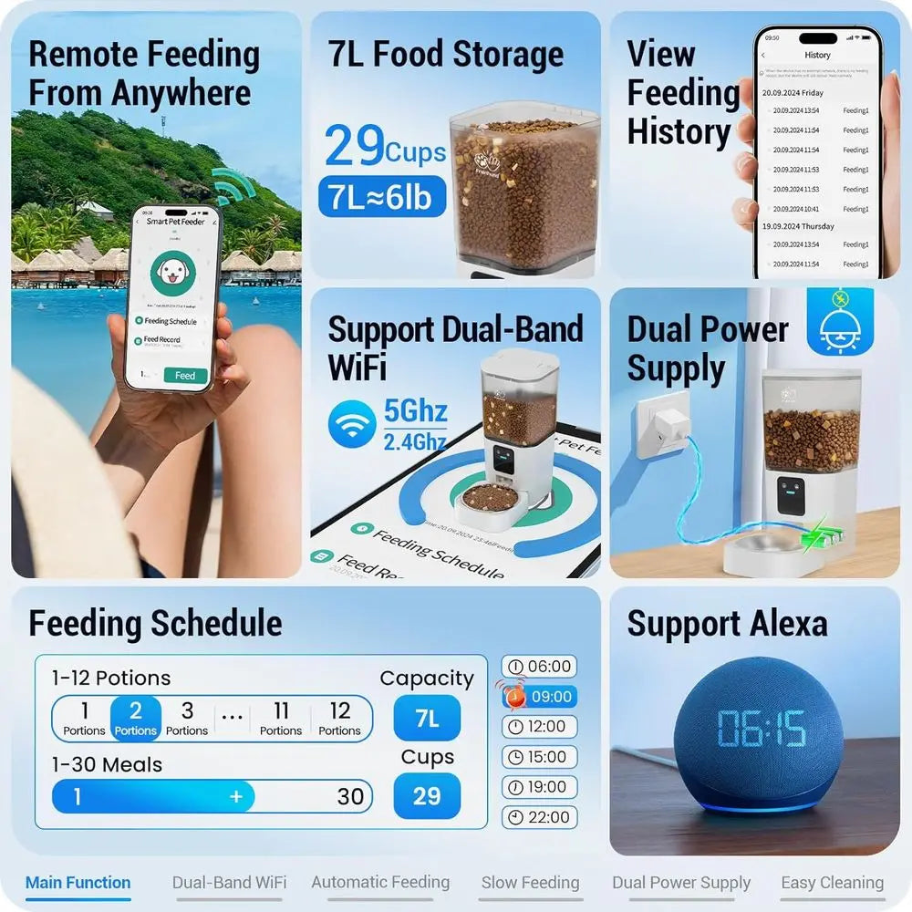 Automatic Cat Feeder with 5G: Automatic Dog Feeder with Slow Feed & Smart APP Control, 7L Timed Auto Cat Food Dispenser with Ale