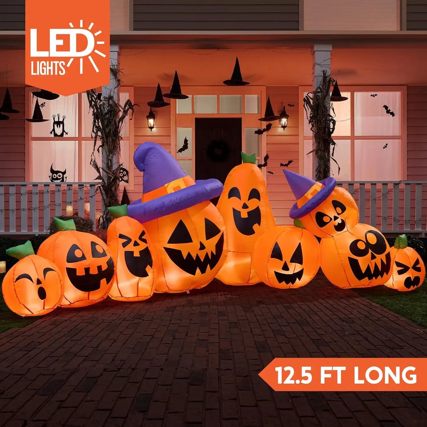 12.5 FT Long Pumpkin Halloween Inflatable with Witch Hat Decorations Inflatables with Build-in LEDs for Halloween Decor