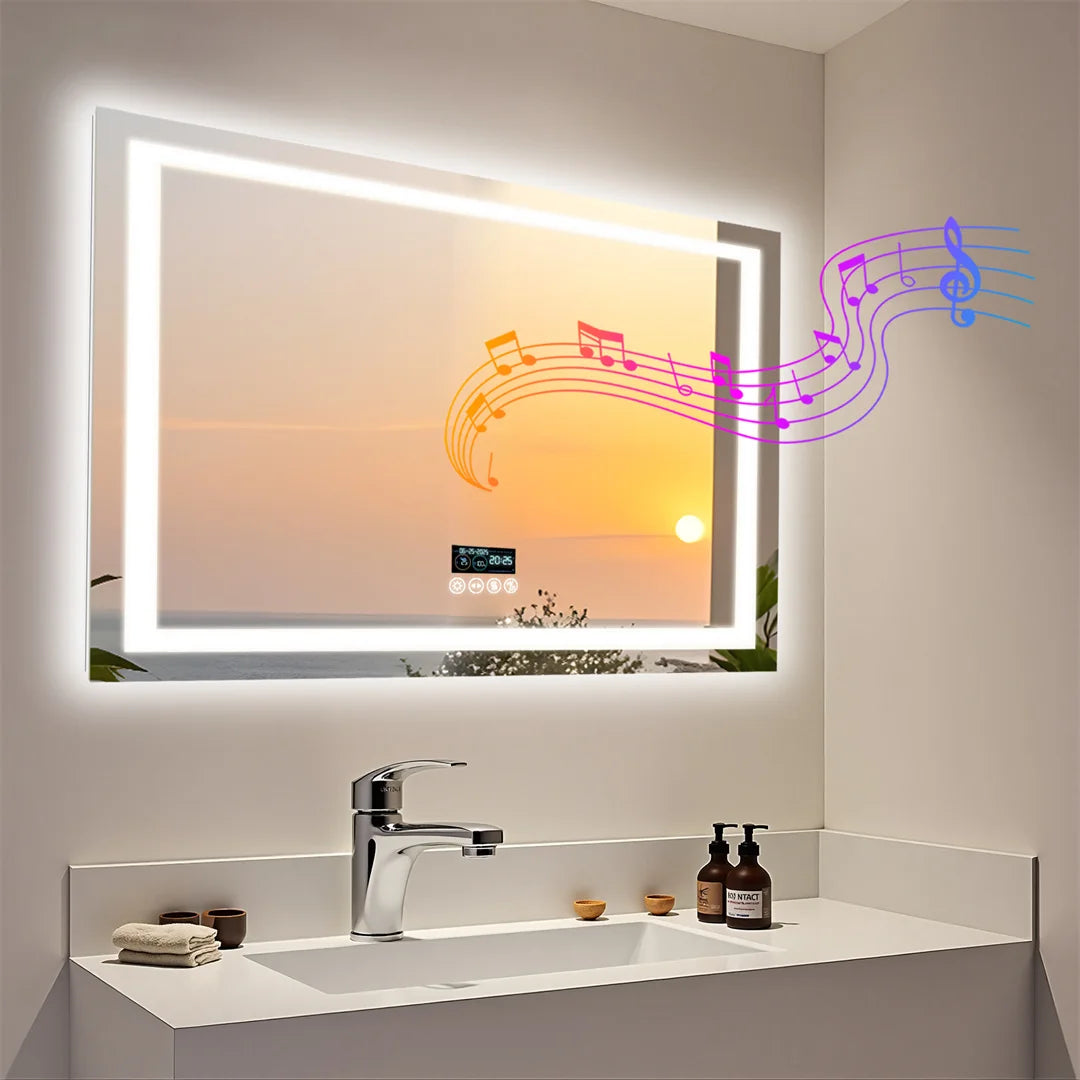 Rectangle Bluetooth Lighted Bathroom Mirror, Illuminated Smart Vanity Mirror with NdFeB Speaker and Time Temperature Display