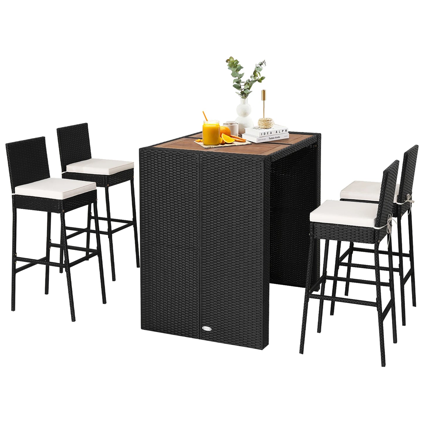 5-Piece Patio PE Wicker Bar Set Outdoor Acacia Wood Dining Table Stool Bistro