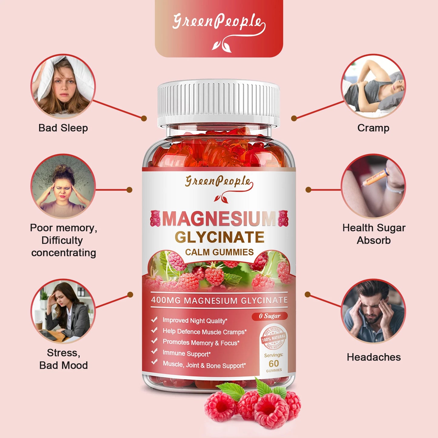 400mg Magnesium Glycinate Gummies with Magnesium Malate,Vitamin D,B6 & CoQ10 for Calm Support & Sleep for Adults Raspberry