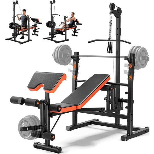 Home gym strength training bench: 9-in-1 adjustable weight bench with lat pulldown, row, squat rack & Leg Curl