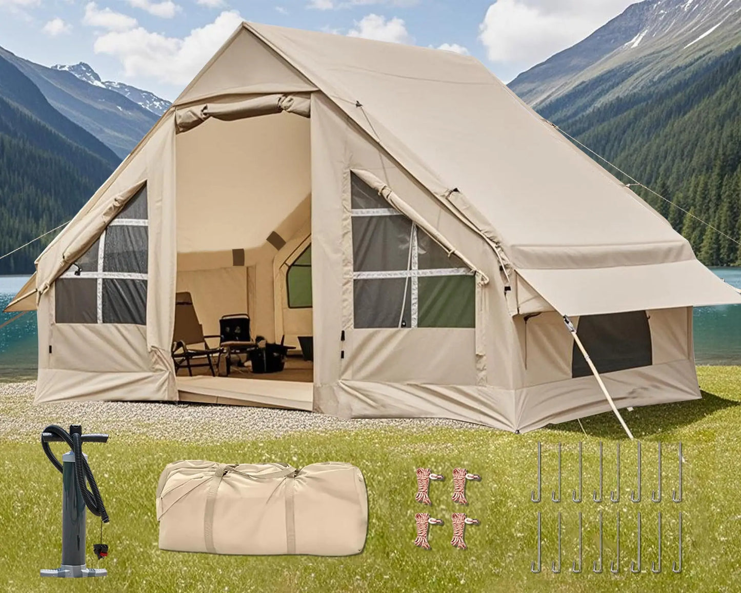 Inflatable Camping Tent With Awning Quick Setup Waterproof Oxford Tent For Adults