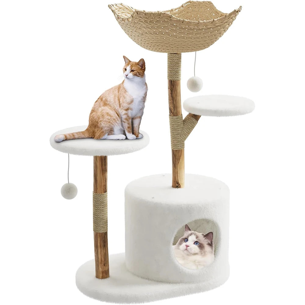 Real Wood Modern Cat Tree Tower With Wicker Condo Scratching Post Bed Boho Luxury Pet Furniture Indoor Cats Space-Saving