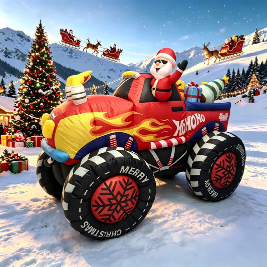 8 FT Christmas Inflatable Monster Truck, Blow Up Santa Claus Driving Red Truck with Gifts & Tree