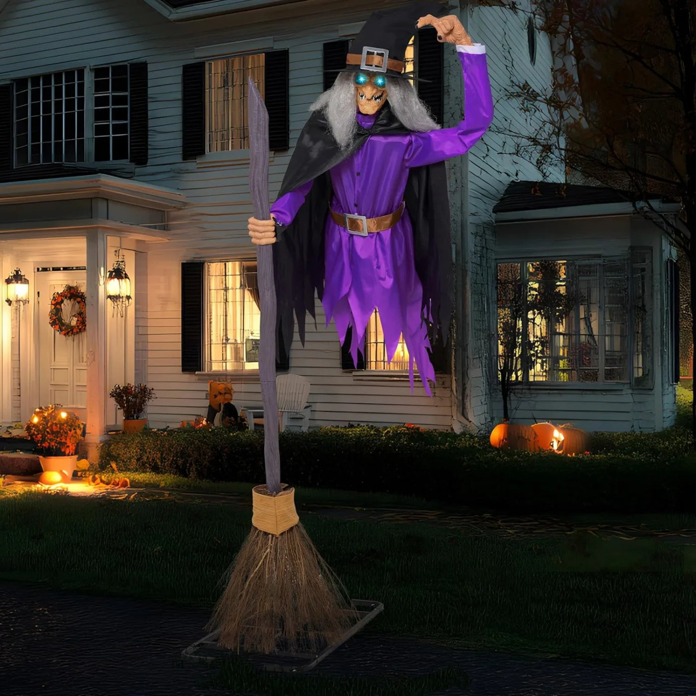 8FT Tall Animated Flying Witch Halloween Decorations Outdoor Floating Witch on Broom Animatronics Hovering Witch Decor with Light Eyes and Spooky Voice, Scary Haunted House Prop for Outside Yard Lawn