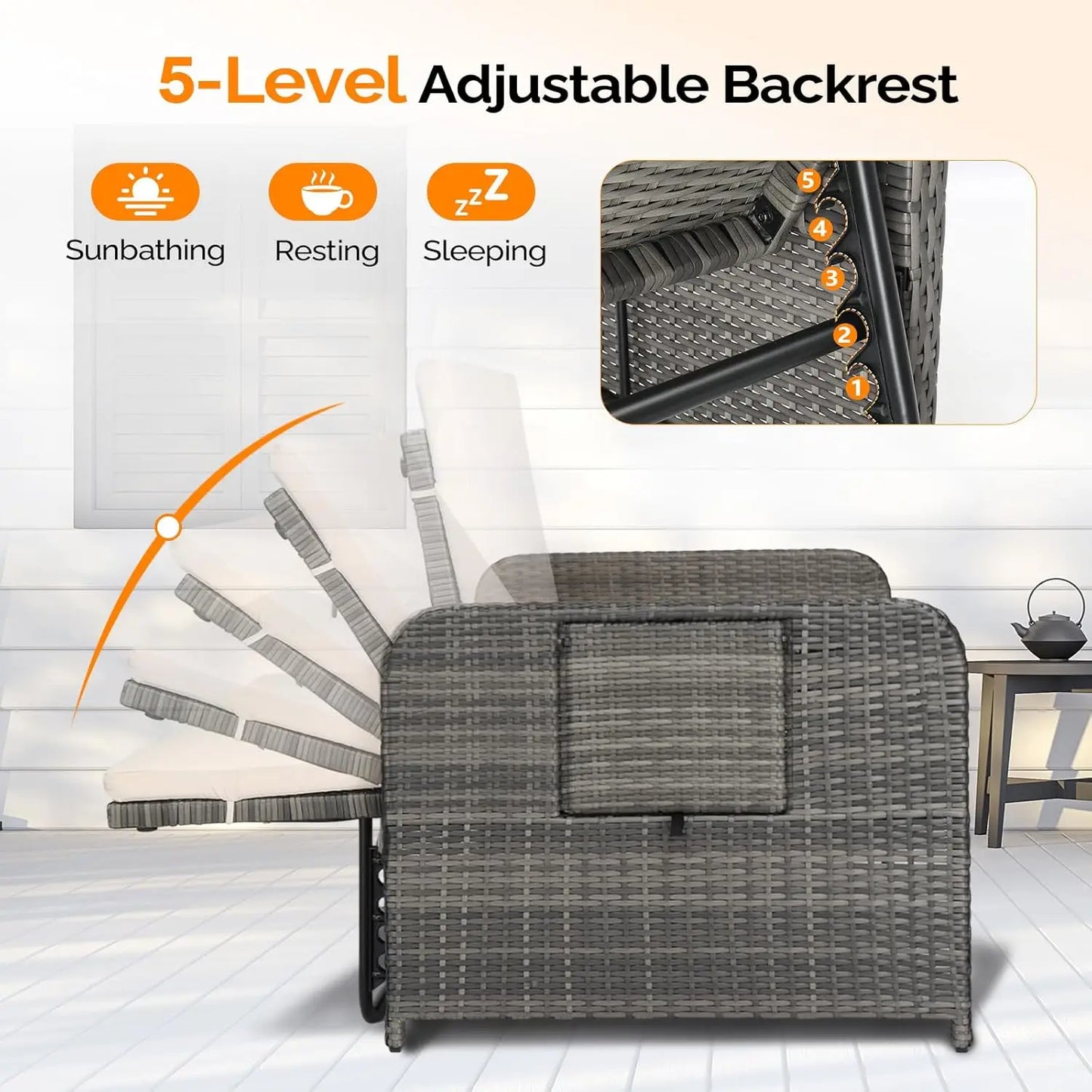 Patio Daybed, Wicker Outdoor Daybed with Storage Ottoman & 5-Level Adjustable Backrest, All-Weather Rattan Cushioned, Custom