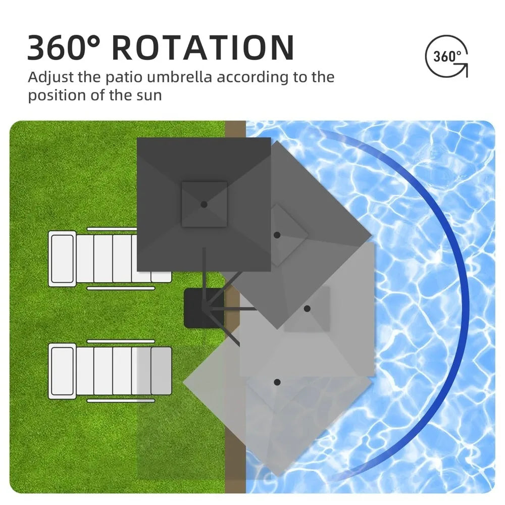 9x9 FT Outdoor Cantilever Patio Umbrella with Base Included and Solar LED Lights, Large Heavy Duty 2-Tier Square, Customized