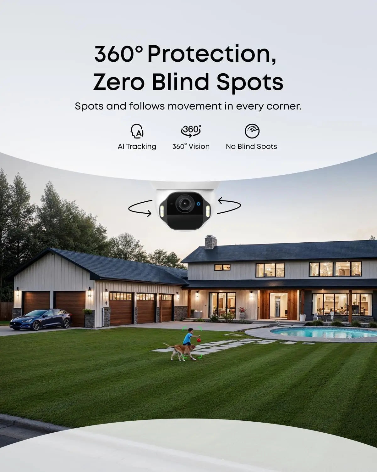 4K Security Camera Wireless Outdoor, Solar Powered, AI Motion Tracking, Strobe Light, Pan & Tilt, Facial Recognition, Up to 16 TB, Smart Home Compatible