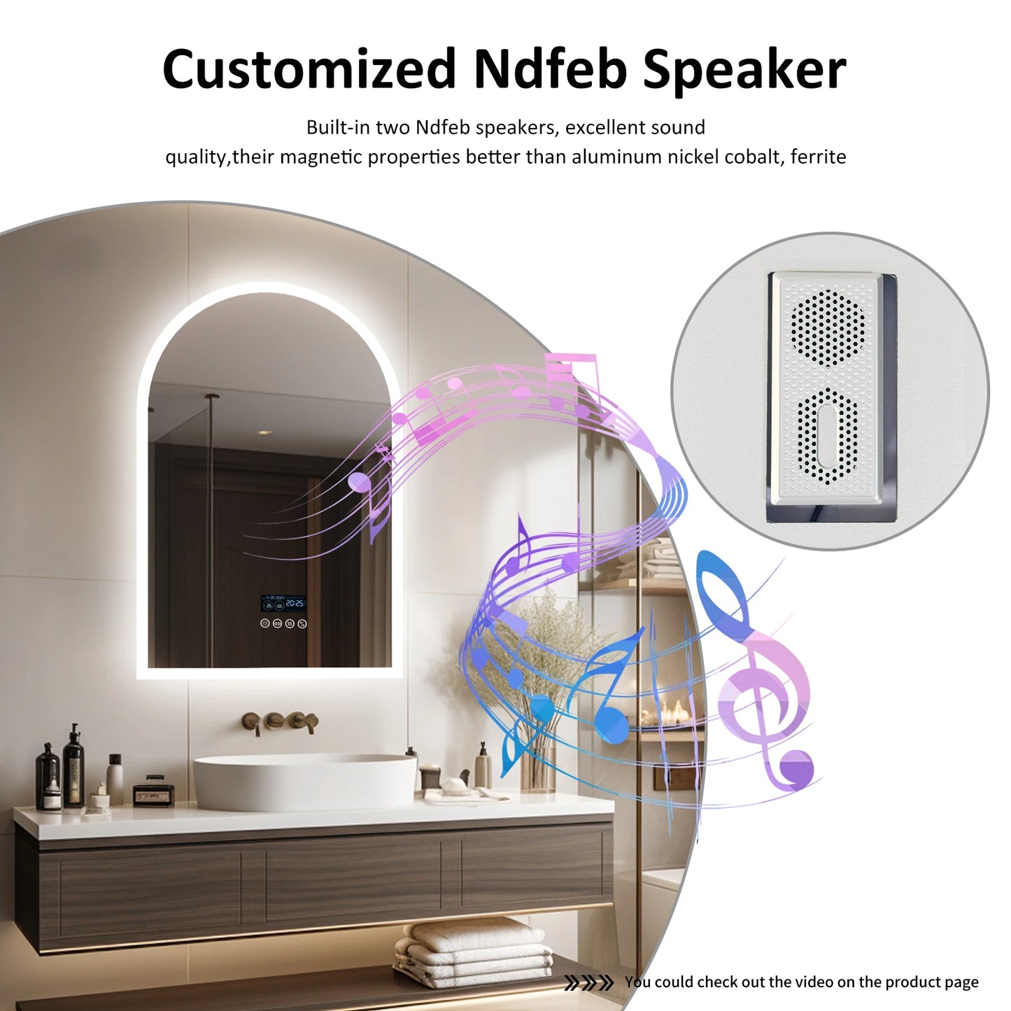 LUVODI Arched Bluetooth Bathroom Mirror with LED Backlight Dimmable Fogless Vanity Mirror with Time And Temperature Display