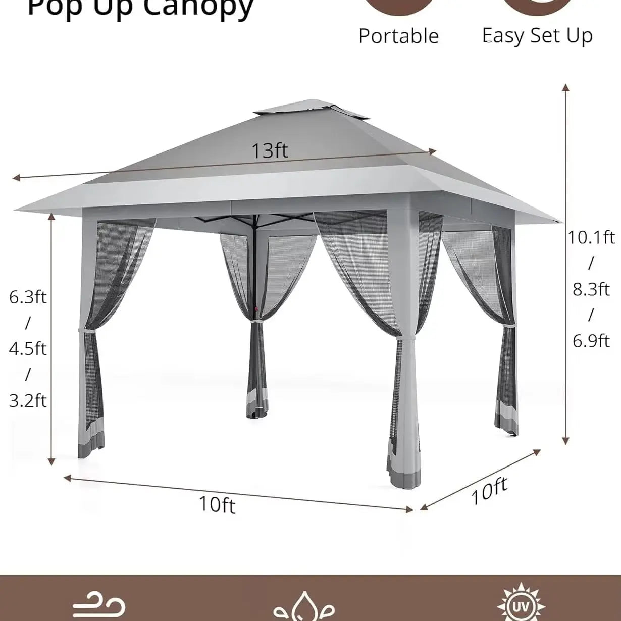 Pop-Up Outdoor Gazebo 13x13FT with Double Roof, Mosquito Netting, Adjustable Height, UV-Resistant Heavy-Duty Patio Canopy Tent