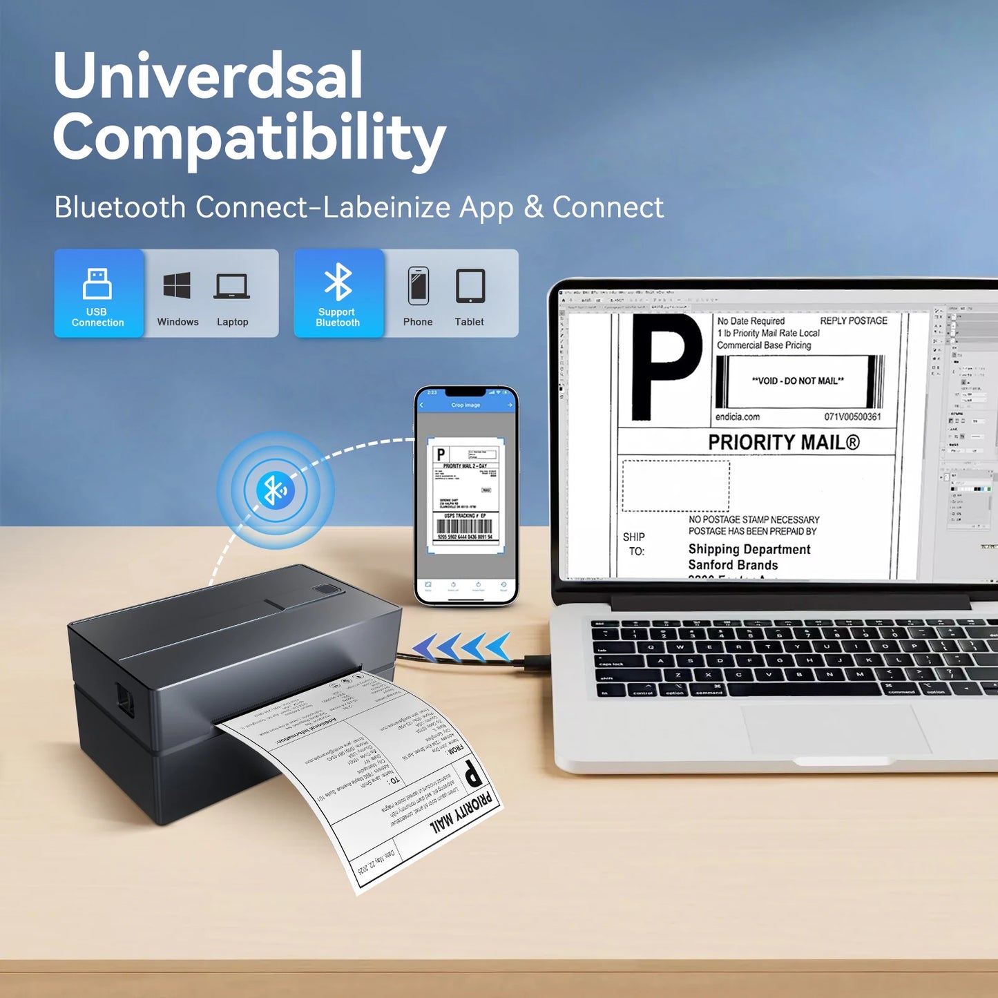 Bluetooth Thermal Printer Wireless High Speed 203DPI Label Printer 4x6 Mobile Printing For Office Work Home School Travel