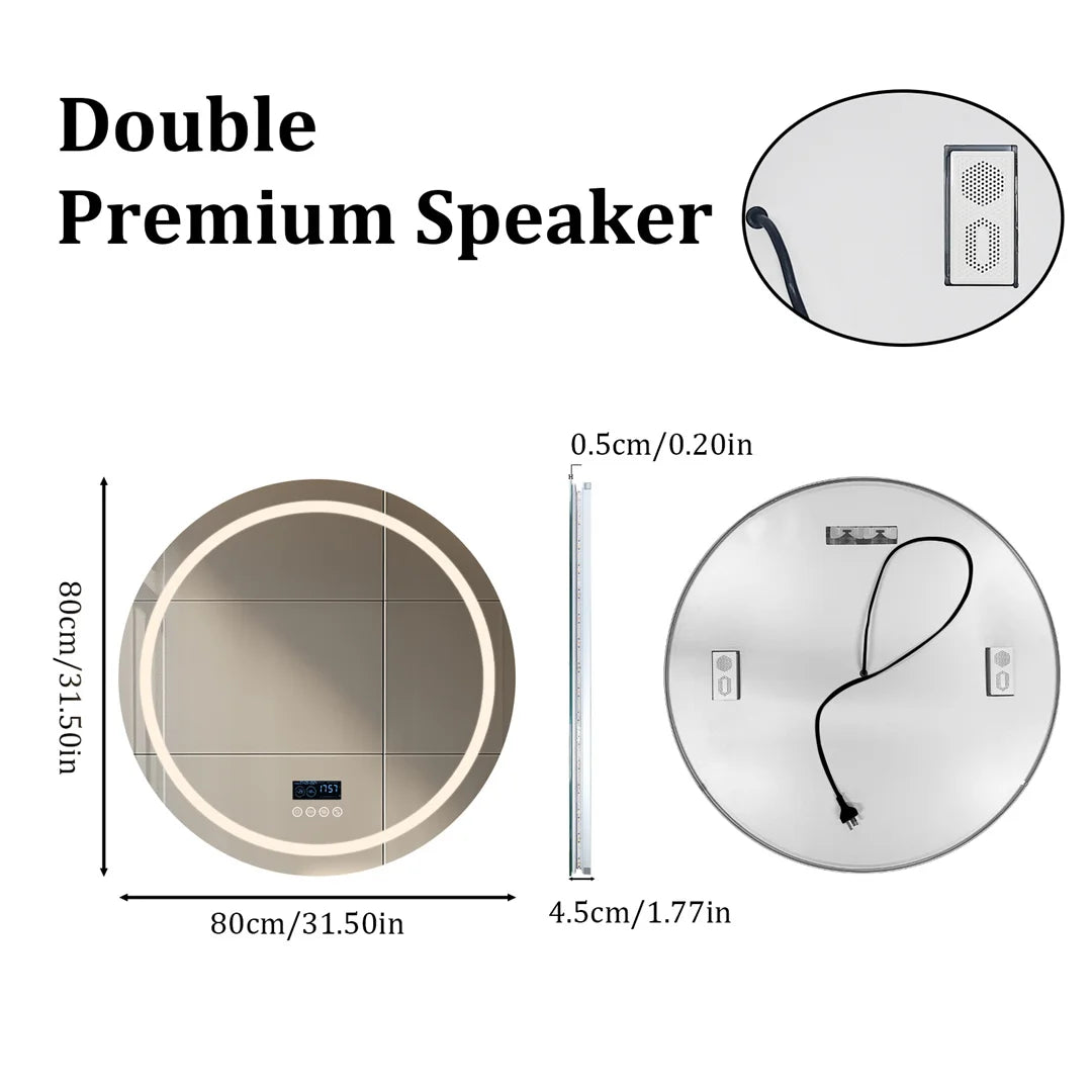 LUVODI Round Bathroom Mirror with Dual Bluetooth Speakers Anti-Fog Lighted Shower Vanity Mirror with Time Weather Display