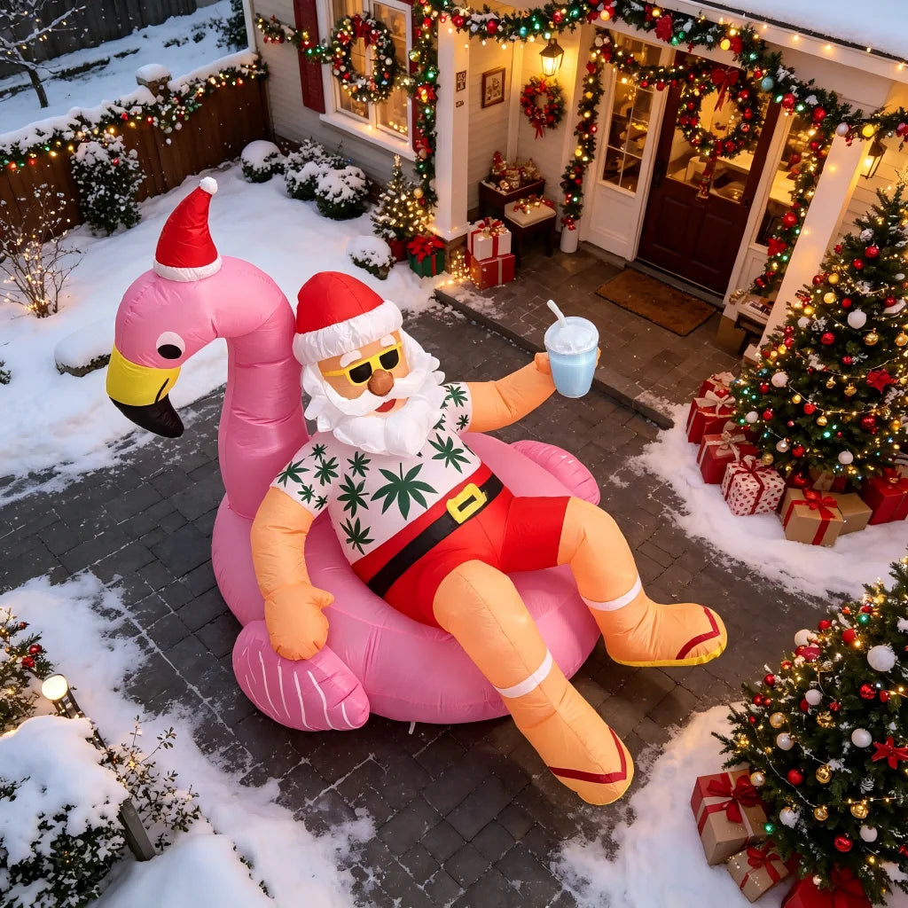 8.2FT Christmas Blow Ups Santa on Flamingo, Hawaiian Christmas with Built-in LED Lights,