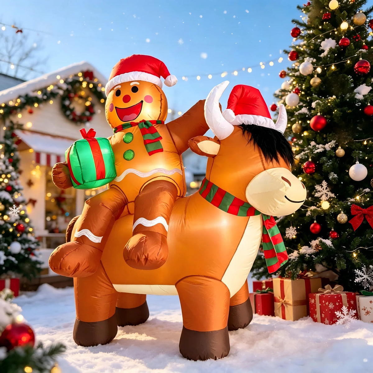 6FT Christmas Inflatables Gingerbread Man on Highland Cow Outdoor Decorations,
