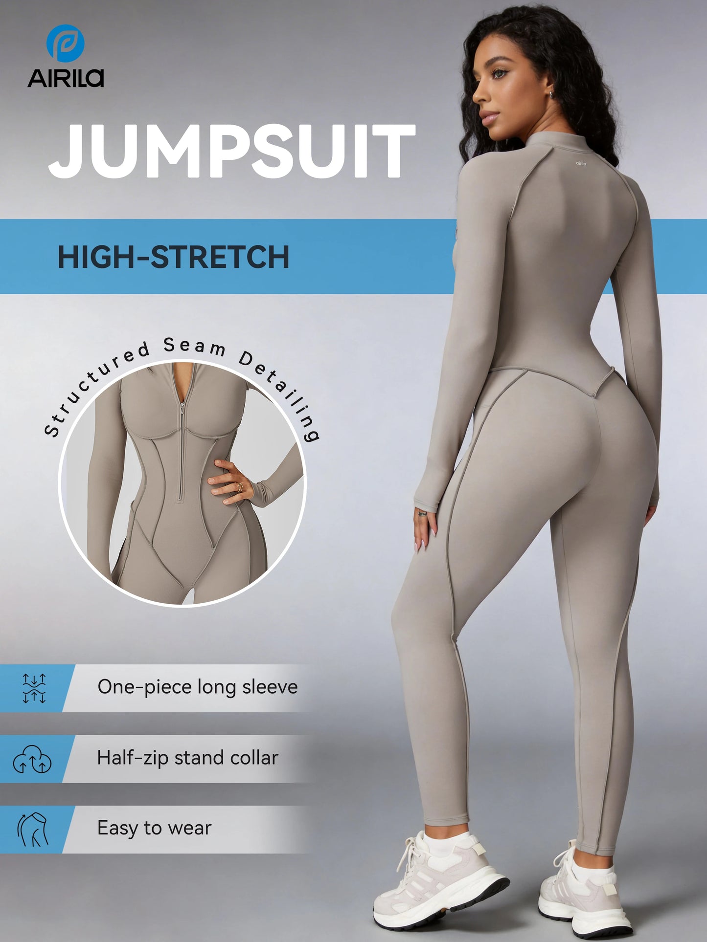 Zip Front Long Sleeve Yoga&Pilates Fit Jumpsuit，One Piece Bodycon for Women, Tummy Control High Stretch S Fitness Sport Outfits
