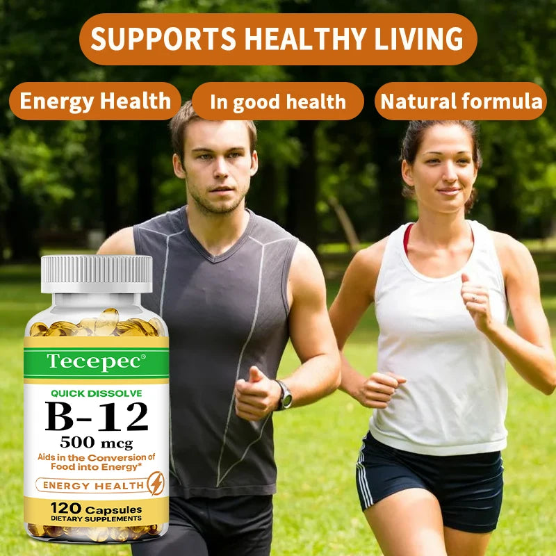 Vitamin B12 Capsules 500mcg - Support Energy, Brain, Heart, Immune Health, Mood, Metabolism & Neurosystem, Vegan, 120 Capsules