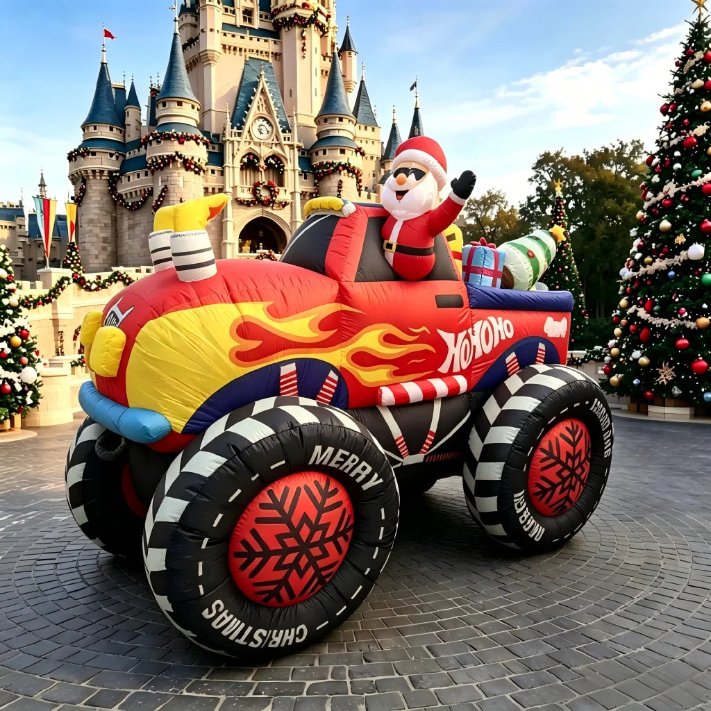 8 FT Christmas Inflatable Monster Truck, Blow Up Santa Claus Driving Red Truck with Gifts & Tree