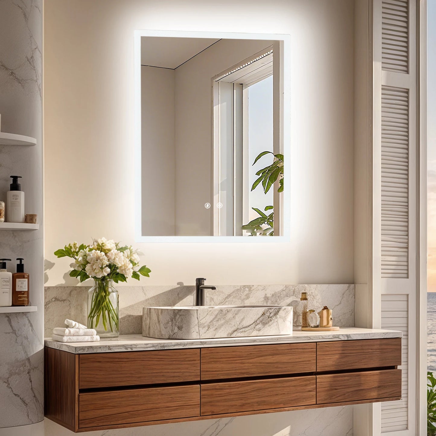 LED Rectangular Wall Mount Smart Bathroom Vanity Mirror Tempered Glass with 3 Color Temperature Options And Defog Feature for Makeup