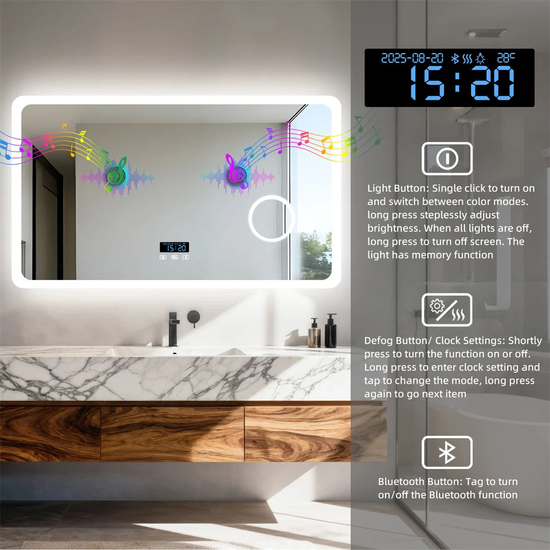 Bluetooth LED Bathroom Mirror 120x70cm Rectangle 3X Magnifying Tempered Glass Makeup Dressing Mirror with Time Display