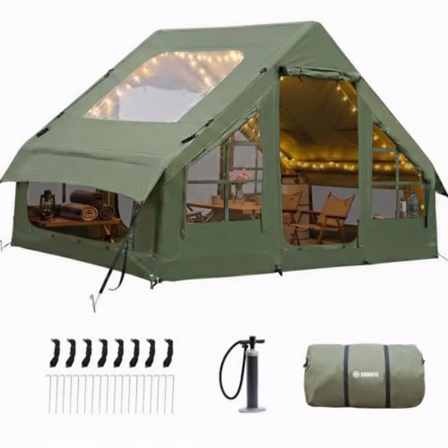 Camping inflatable tent with waterproof Oxford fabric, beige, easy setup via pump for 2/3/4 persons, all-season hot cabin air t