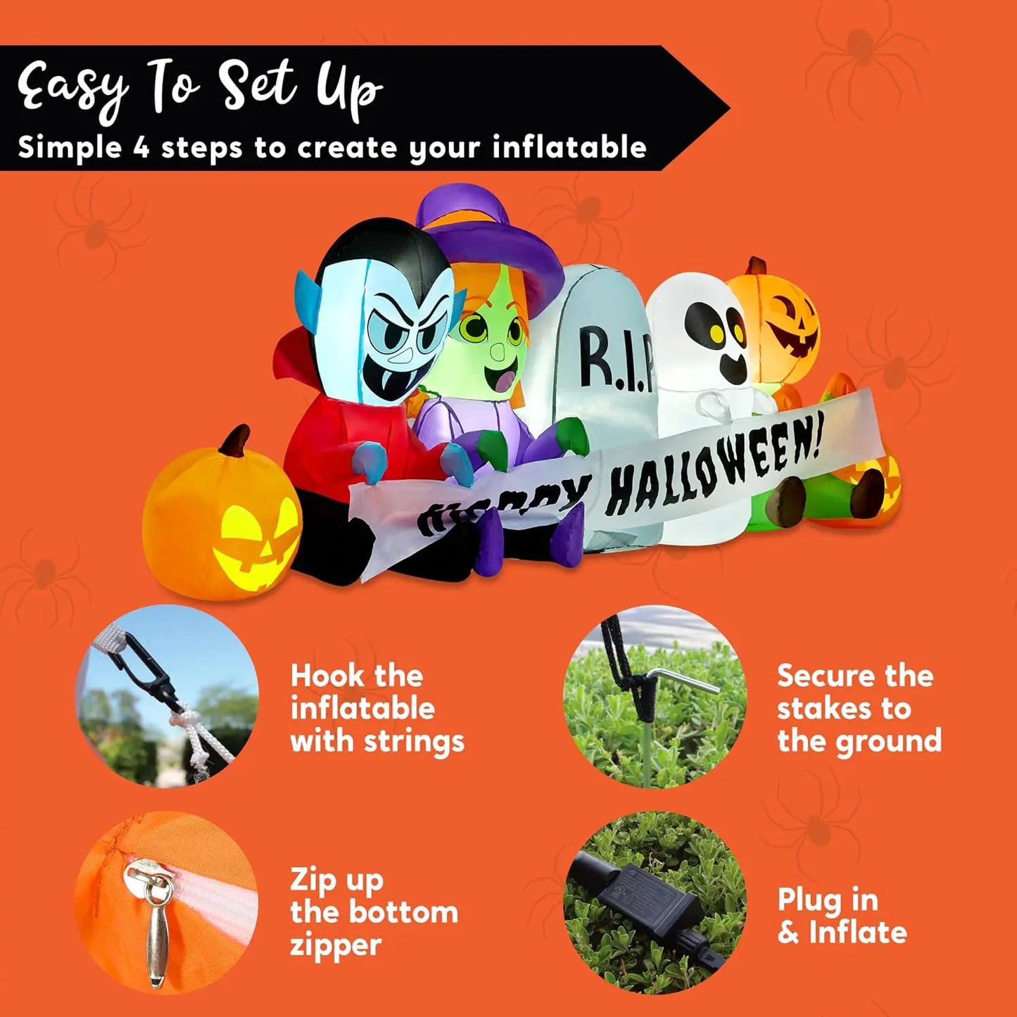 8 FT Long Pumpkin Ghost Vampire Witch Tombstone Inflatable Halloween Decor Outdoor Halloween Blow Up Decorations Inflatable  with LEDs for Yard Decorations