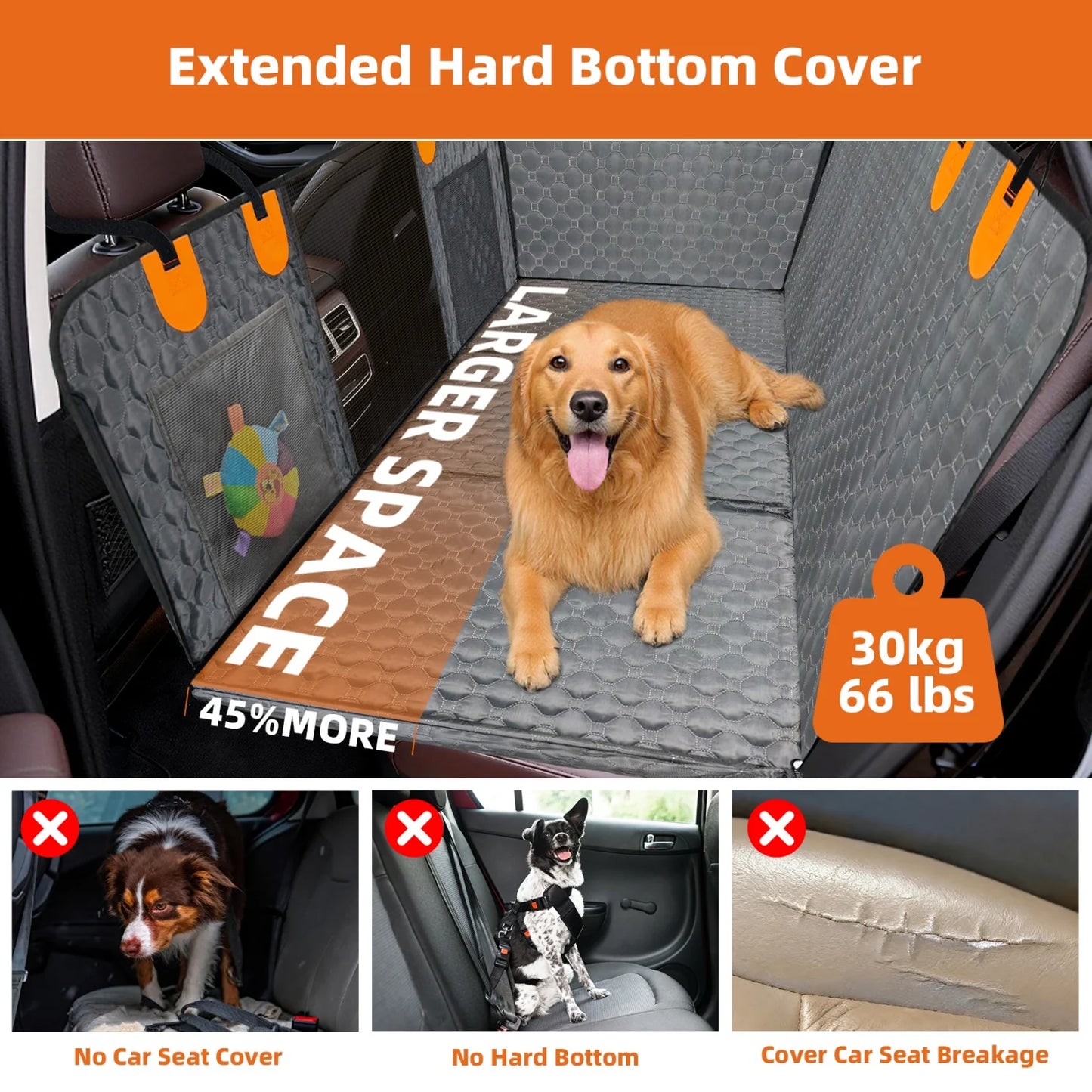 Dog Car Seat Cover for Pets Waterproof Car Back Seat Extender Dog Hammock Bed Hard Bottom Backseat Protector with Pockets