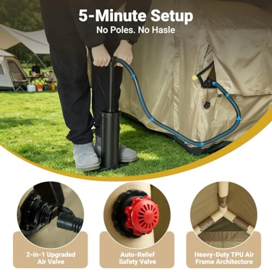 Glamping camping tent for 2-10 persons, heavy-duty waterproof windproof Oxford fabric, beige, quick 5-min setup with pump, pano