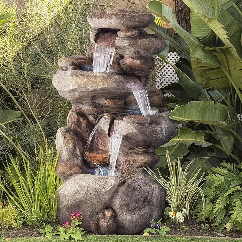 WIN316 40" Floor Fountain – 4-Tiered Rock Water Feature with Cascading Streams & White LED Lights – Tranquil