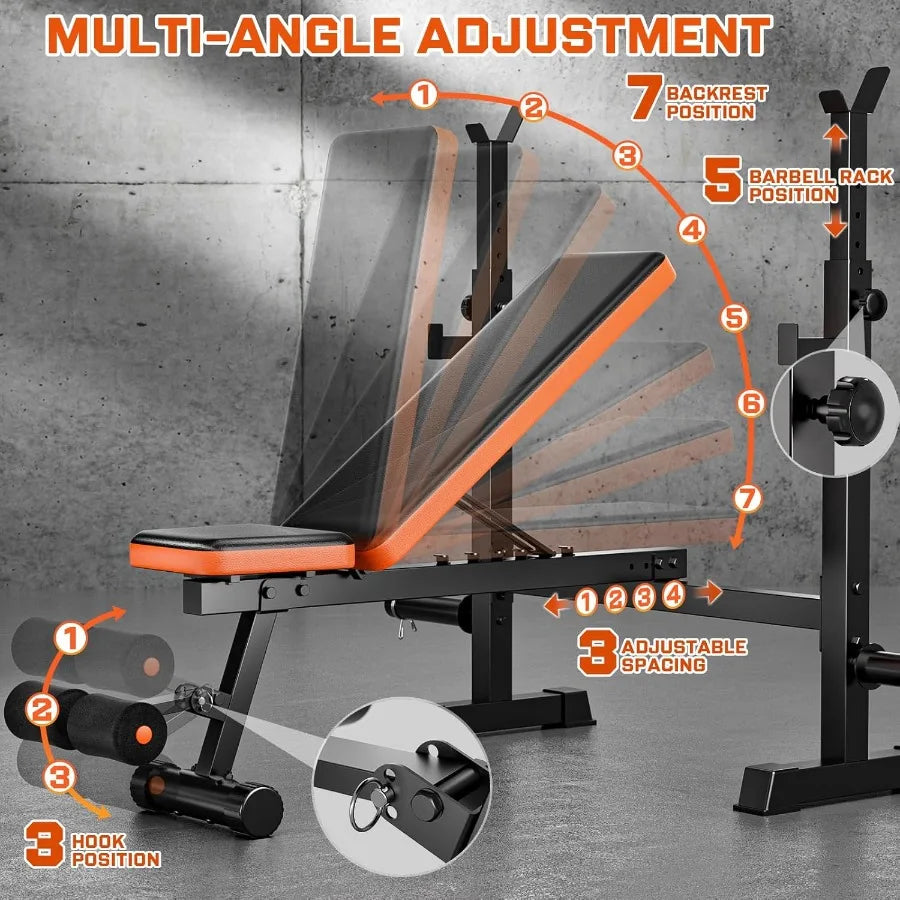 Adjustable Weight Bench with Squat Rack, 770lbs Heavy Duty Bench Press for Home Gym, Multi-Function Flat Incline Workout Bench