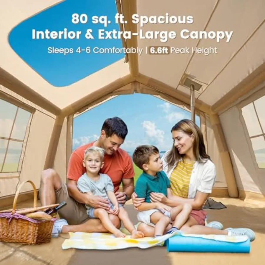 4-6 Person Inflatable Camping Tent, Easy Setup Blow Up Tent with Hand Pump,PU3000mm Waterproof Breathable 4 Season Glamping Tent