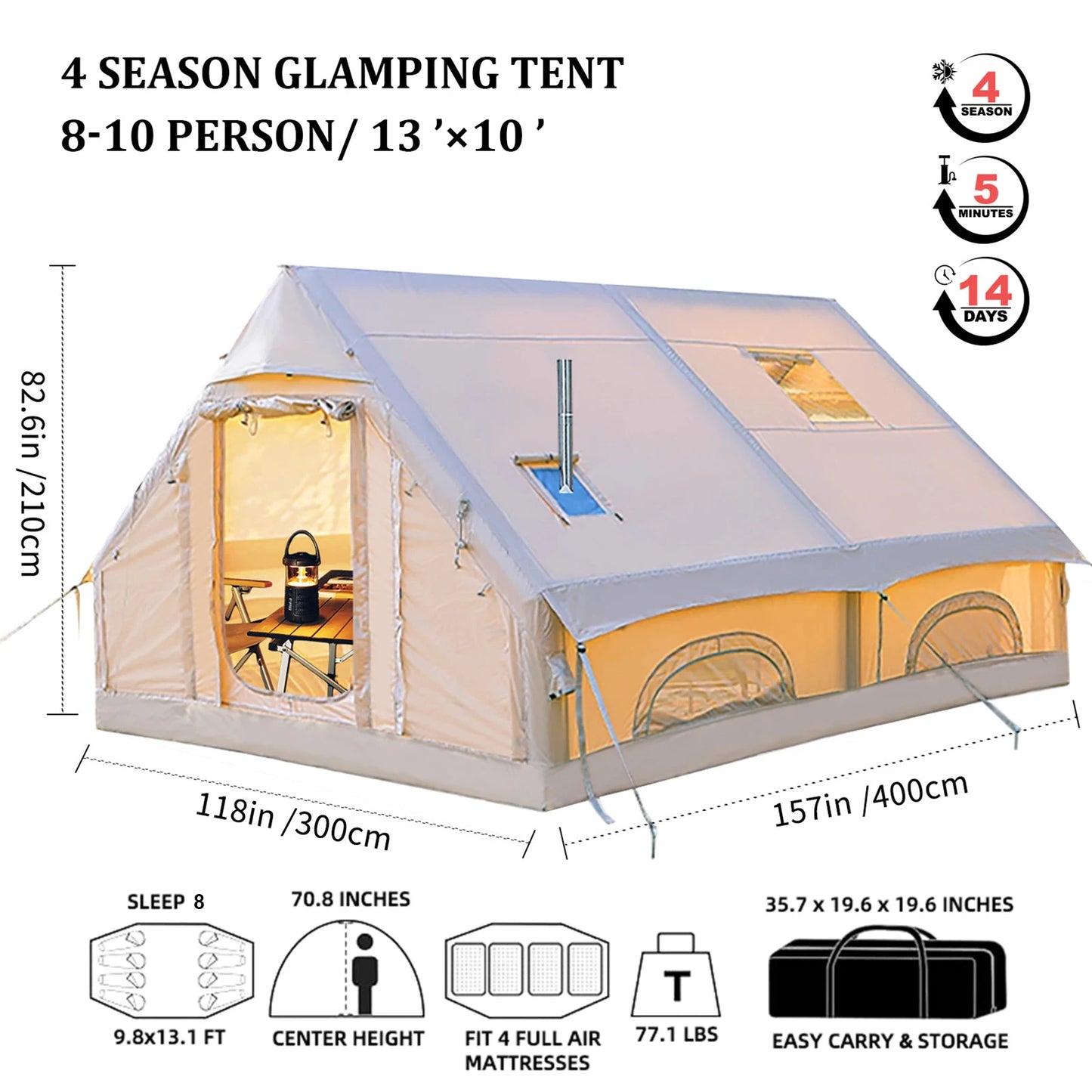 SENLEETO Inflatable Camping Tents 6-8 Person for Family,420D High-density Oxford Fabric Family Inflatable Tent House with Stove Jack&AC Vent,Easy Setup Blow up Tent with High Pressure Pump