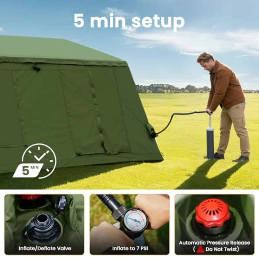 8-10 Person Inflatable Camping Tent,Easy Setup Blow Up Tent with Hand Pump,PU3000mm Waterproof Breathable 4 Season Glamping Tent