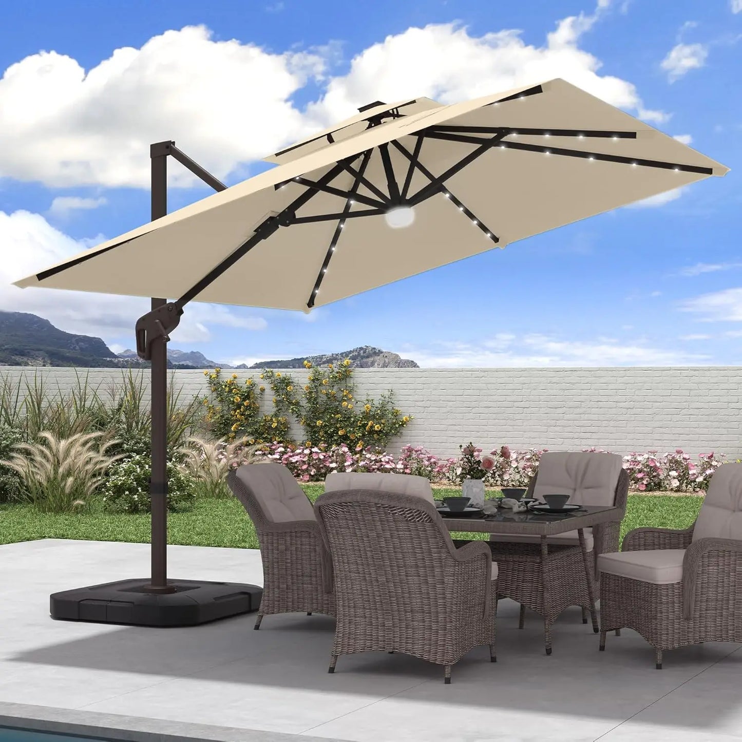 9x9 FT Outdoor Cantilever Patio Umbrella with Base Included and Solar LED Lights, Large Heavy Duty 2-Tier Square, Customized