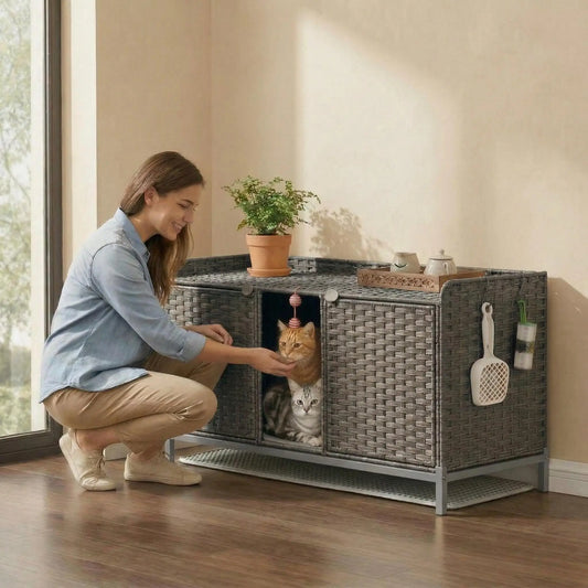 Rattan Double Cat Litter Box Enclosure - Hidden Cabinet for 2 Cats with Removable Mat, Play Game & S-Shaped Hooks - Large Decorative Cat Washroom Furniture for Living Room or Bedroom