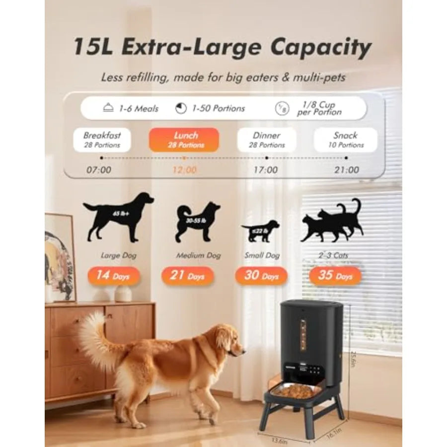 Automatic Dog Feeder for Large Breed - 15L/ 63 Cups Anti-Clog Dog Food Dispenser for 2-23mm Kibble Elevated Stand Large Food Tr