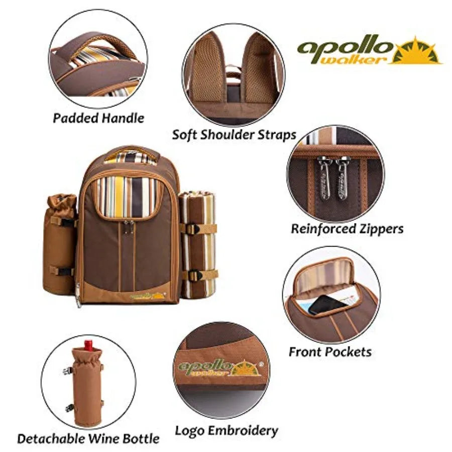Picnic Backpack Bag for with Cooler Compartment, Detachable Bottle/Wine Holder, Fleece Blanket, Plates and Cutlery