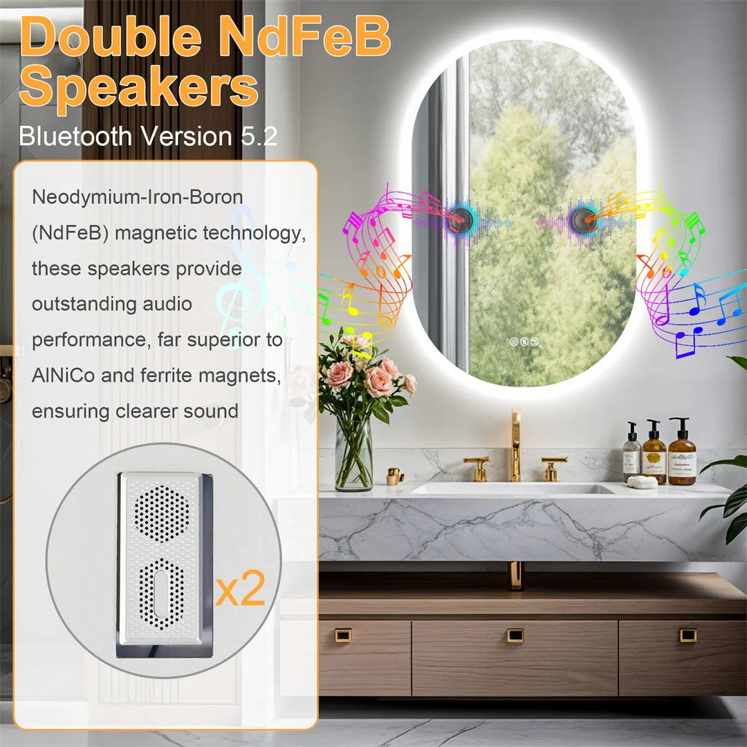 60x90cm Smart Frameless LED Mirror Bathroom, Wall Mounted with Bluetooth Speaker, 3 Color Dimmable Anti-Fog IP44 Waterproof Vanity Mirror for Home