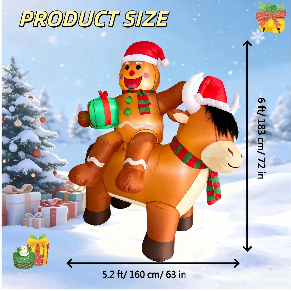 6FT Christmas Inflatables Gingerbread Man on Highland Cow Outdoor Decorations,
