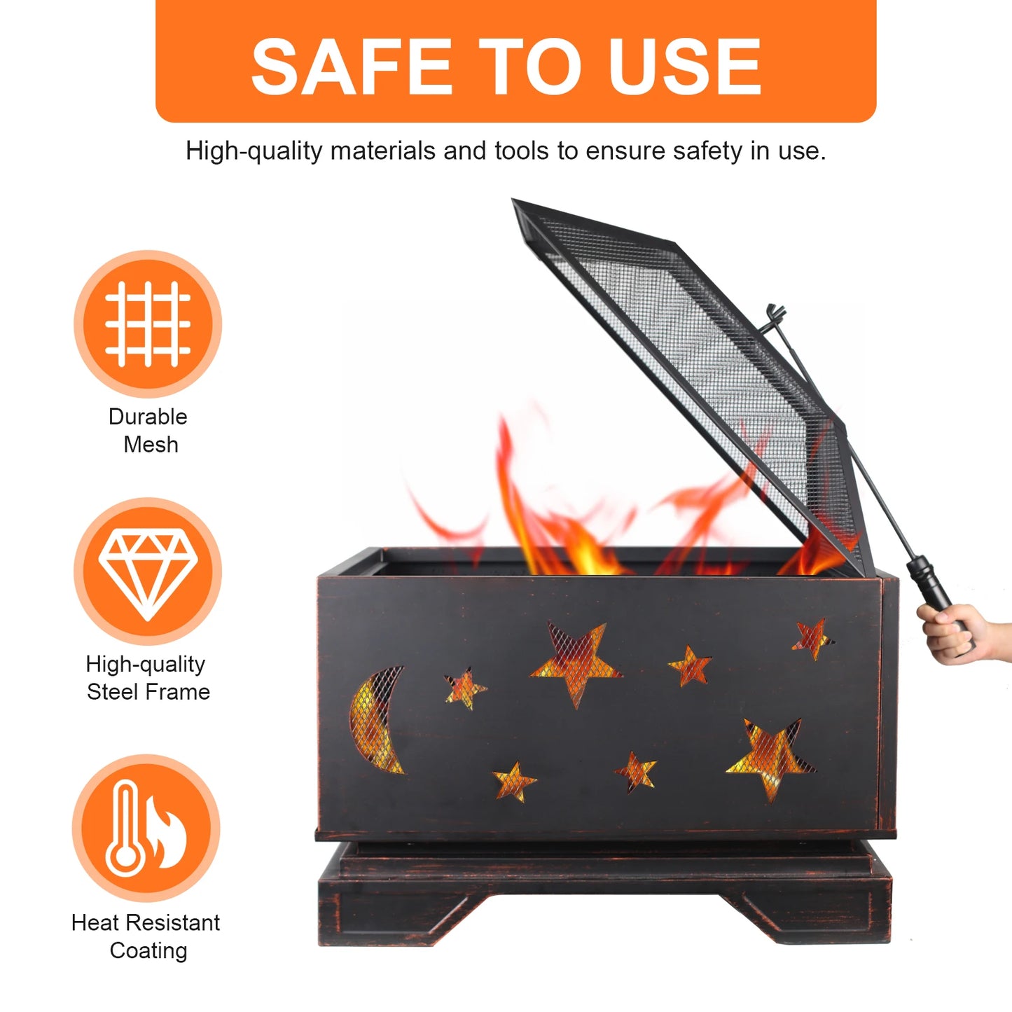 26 Inch Square Wood Burning Fire Pit with Cooking Grill & Spark Screen for Outdoor BBQs - Premium Steel Construction